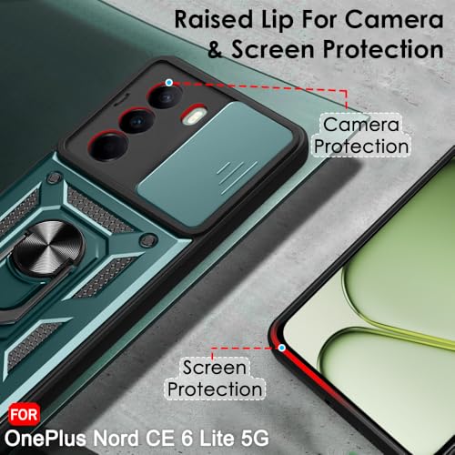 Image of TheGiftKart Tough Armor Bumper Back Cover Case for OnePlus Nord CE 6 Lite 5G | Sliding Camera Cover, KickStand & Ring Holder | 360 Protection Back Cover for OnePlus Nord CE6 Lite 5G (PC & TPU, Green)