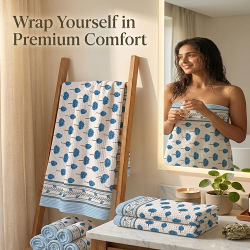 Image of Mafatlal Madhuban Soft Cotton Towel Set (1 Bath 147x76 cm + 2 Hand 76x38 cm) | 250 GSM | Absorbent, Waffle Weave | Regatta Color