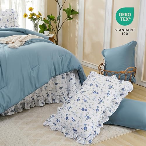 Image of WONGS BEDDING Queen Comforter Set, 8 Pieces Farmhouse Bed in a Bag Queen, Bedding Set Queen Size with Blue Comforter, Ruffle Floral Pillowcases & Flat Sheet, Floral Fitted Sheet