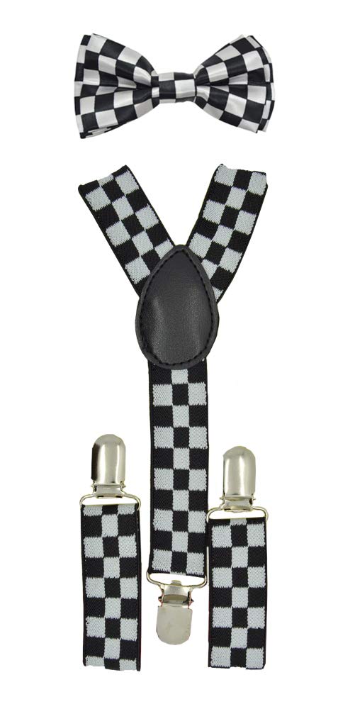 CUTE Baby Toddler Kids Children Boys Checker Elastic Suspender White/Black Bow Tie Set