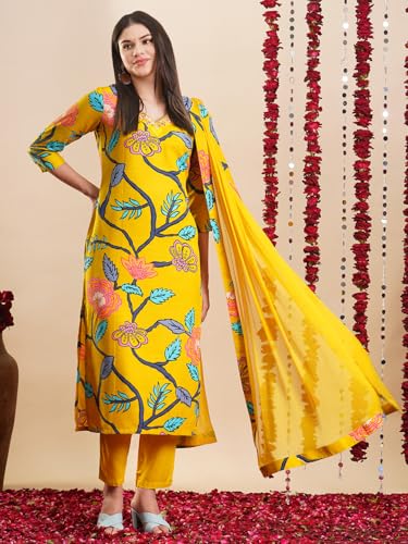 Image of GoSriKi Women's Rayon Blend Straight Printed Kurta with Pant & Dupatta