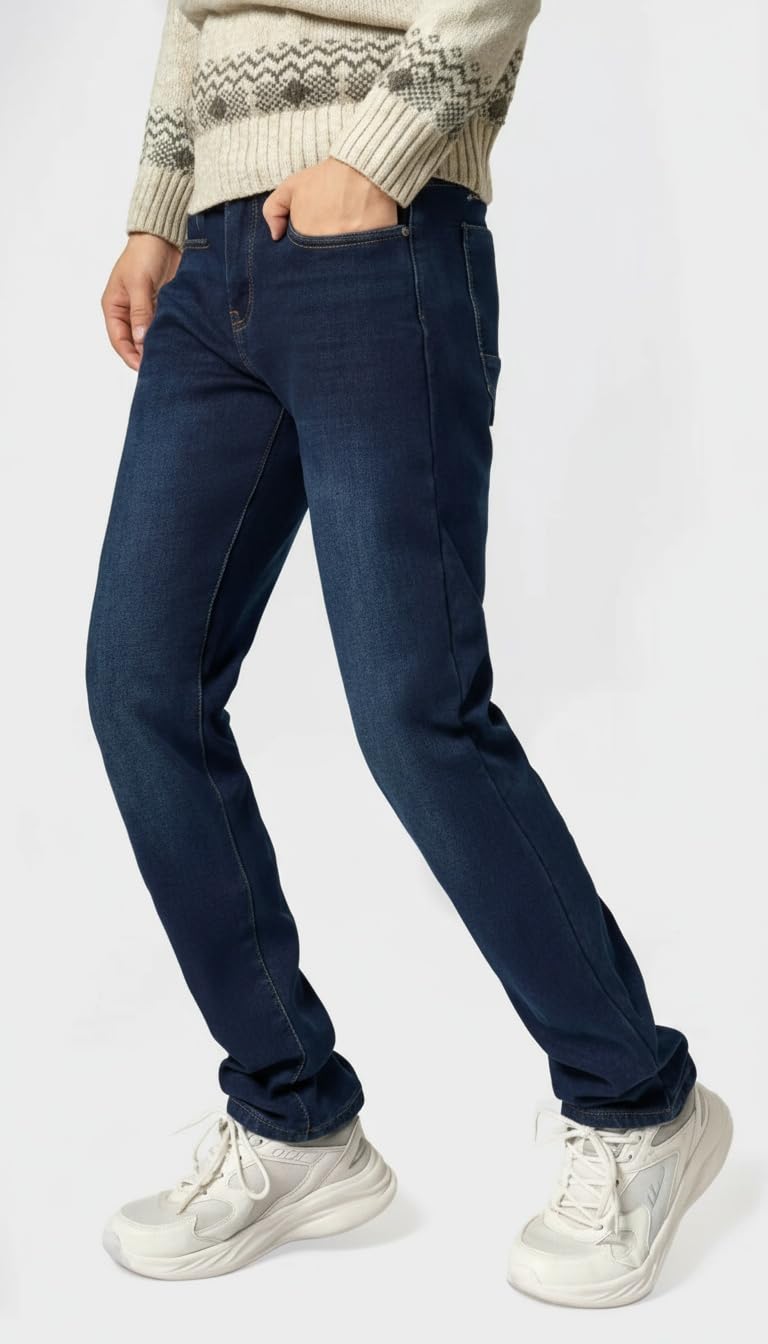 TONY BACKER - Jeans molletonnés pour Homme, Pantalon rembourré pour Homme avec Polaire, Chaud pour l'hiver, Jeans élastiques Thermiques Confortables et Polyvalents pour Le Travail, Les Loisirs, Bleu