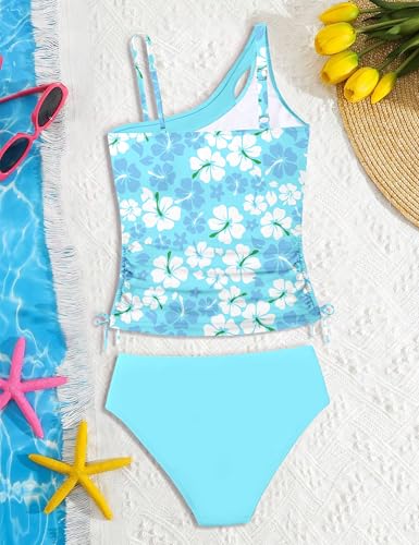 Image of AGAPENG Girls Swimsuit Two Piece One Shoulder Tankini Floral Print Drawstring Swimwear Set 7-14Y