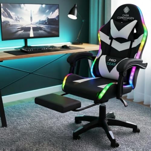 Image of Casa Copenhagen ,High-Back Italian Leather Gaming Ergonomic Chair with Advanced Mechanism with LED Light & Electric Back Massager, Memory Foam Seating & Multi Function Arm-Rest - White & Black