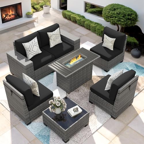 Image of 7 Piece Patio Furniture Set with Fire Pit Table, Outdoor Sectional Conversation Sets Wicker Rattan Sectional Sofa with Coffee Table for Patio Garden Backyard, 4'' Thickened Cushion Black