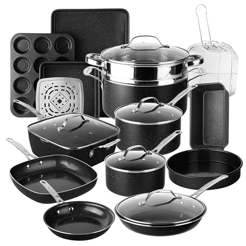 Image of Granitestone Ceraluxe 20 Pc Ceramic Cookware Set Nonstick, Complete Pots and Pans Set Non Stick with 5 Pc Bakeware Set, Deep Frying Pan Set, & Steamer, Non Toxic PFOA Free, Oven & Dishwasher Safe