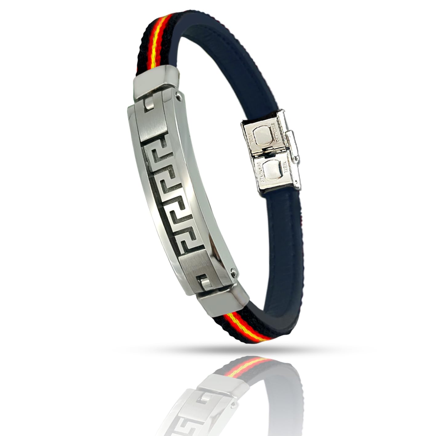 Only faith Pulsera Bandera España Pulsera de Cuero piel genuino Hombre Acero inoxidable Ajustable Bandera Paracord Amarillo y rojo negro Regalo para Hombre