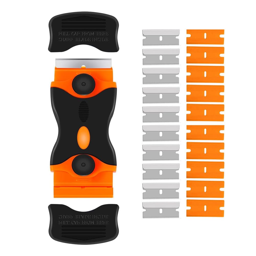 Razor Blade Scraper, 2-in-1 Double Edged Razorblade Scraper Tool with 20Pcs Razor Blades, Multi-Purpose Paint Cleaning Razor Scraper for Glass, Decals