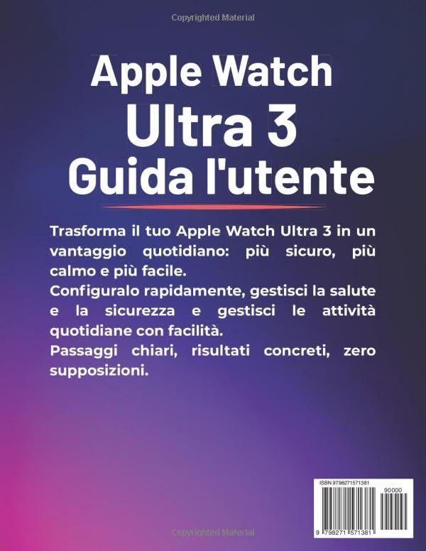 Back cover of the Apple Watch Ultra 3 User Guide manual, with text in Italian summarizing the benefits of the guide and an ISBN barcode.