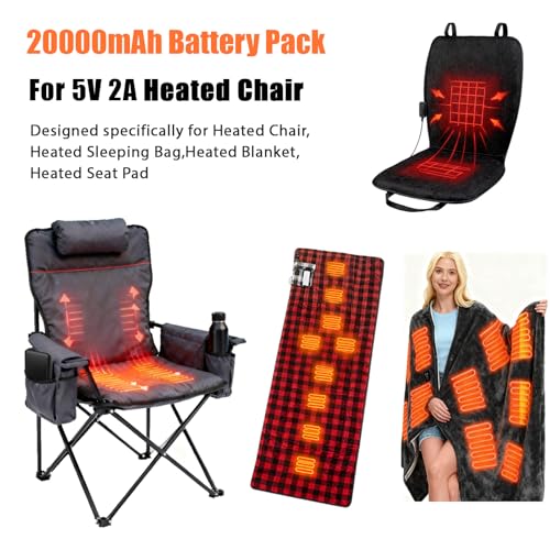 Whsahans 5V2A Battery Pack for Heated Camping Chair, Heated Blanket, Heated Hunting Seat Pad, Heated Sleeping Bag USB Power Bank for Camping Work (Battery Only) (Black, Milliamp Hours, 20000) - Image 3