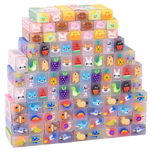 LiYiQ 100-Piece Kawaii Cute Animal Pencil Eraser for Kids Back to School Supplies Non-Toxic Rubber Rectangular