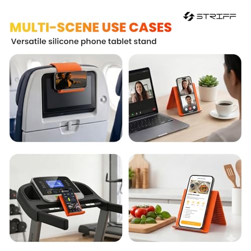 Image of STRIFF Dynom Foldable Mobile & Tablet Stand for Desk, Adjustable Multi-Angle Phone Holder with Hanging Screen Clip, Portable Anti-Slip Silicone Aluminum Stand for Smartphones, Tablets & Laptops-Orange