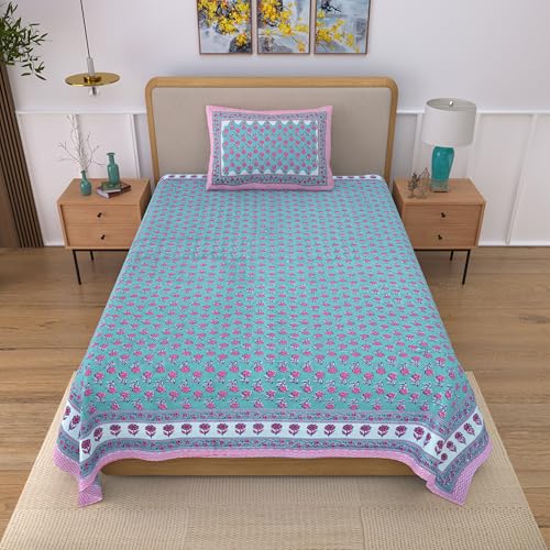 Image of 100% Cotton Single Bedsheet with 1 Pillow Cover | 240 TC Pure Cotton Flat Bed Sheet | Traditional Jaipuri Printed Bedding Set | Soft & Breathable | 60 x 90 Inch (Rangmahal Single 11)