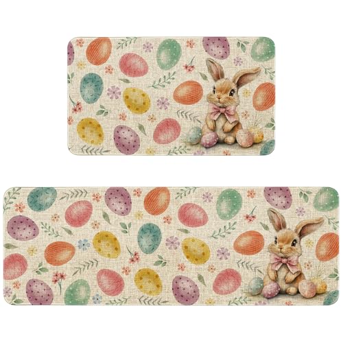 Eikunn Easter Kitchen Rugs Set of 2 Easter Kitchen Decor Colorful Eggs Kitchen Mats for Floor 17x30 inch Doormat+17x47 inch Runner Rug