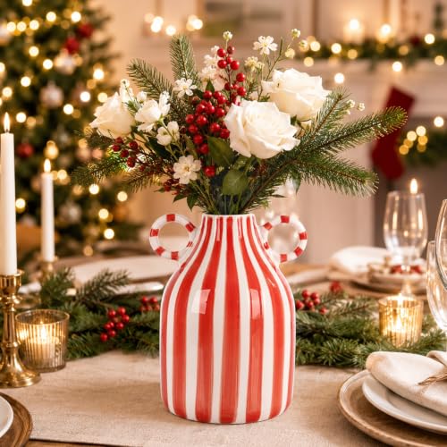 Image of Red and White Striped Ceramic Vase with Double Ring Handles
