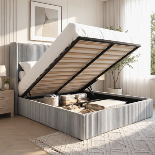 Image of Allewie Full Lift-Up Storage Bed Frame, Corduroy Wingback Headboard, Grey
