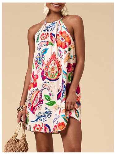 Image of SweatyRocks Women's Tropical Print Halter Dresses Sleeveless Holiday Summer Mini Dress