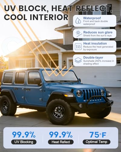Image of Windshield Sun Shade for Jeep Wrangler TJ JK JL & Gladiator JT 2 /4 Door | No Pattern Sunshade | UV Blocking Sunshade for Jeep Wrangler Heat Shield Accessories