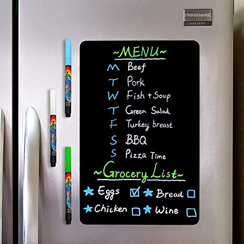 Cuhioy Magnetic Black Dry Erase Board For Fridge 17X11'', Small Whiteboard Kitchen Refrigerator Magnet Black White Board For Grocery List And To Do List，3 Liquid Chalkboard Marker Pens And 1 Eraser #TOP1