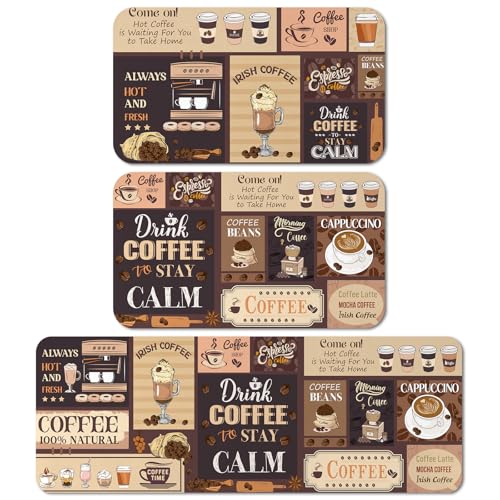 Maasechs 3 Pcs Coffee Kitchen Rugs and Mats Set Farmhouse Non Slip Washable Floor Mat Rustic Coffee Theme Kitchen Decor for Home Bar Office Bathroom Door Party Holiday Decor