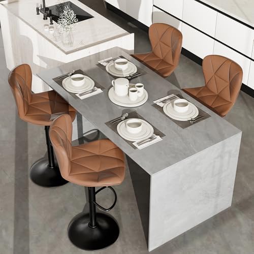 Nebuaegis Bar Stools Set of 4, Modern Faux Leather Adjustable Swivel Barstools, Counter Height Chairs with Back and Footrest for Kitchen Island, Brown