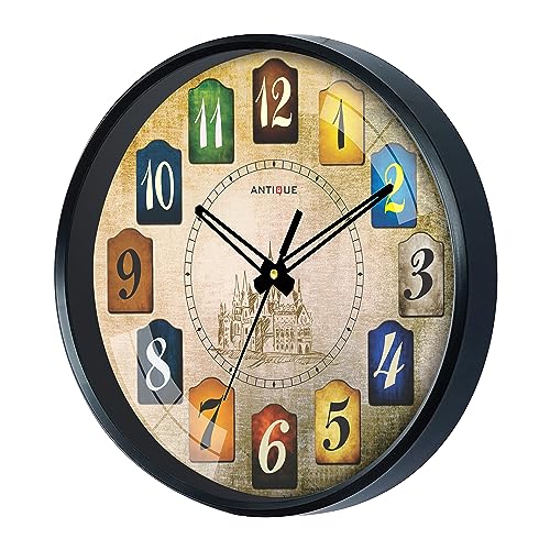 Image of ANTIQUE Plastic Round Shape Wall Clock with Glass (Black Frame, 12.5-inch)