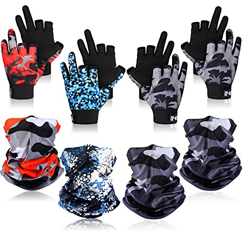 8 Pieces Fishing Fingerless Gloves Set Neck Gaiter Fishing Sun Gloves with Breathable Fishing Face Covering Magic Scarf Unisex Balaclava for Kayaking Hiking Cycling Rowing