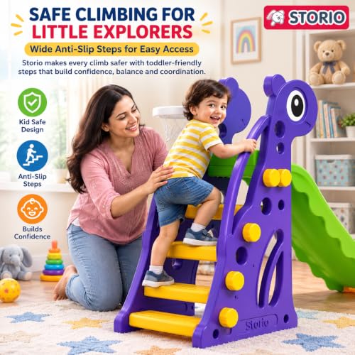 Image of Storio Giraffe Slide for Kids with Basketball Hoop | Indoor Outdoor Toddler Climber Playset for 2+ Years | Safe & Sturdy Plastic Garden Slide Toy for Boys & Girls - Green Purple Yellow