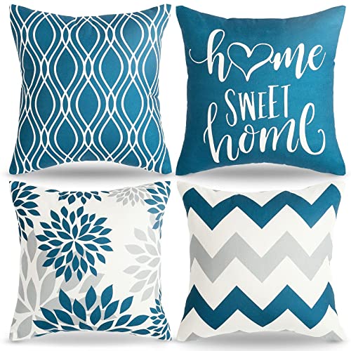 AkcentPillo Housse de Coussin Taie d'oreiller Décoratif en Lin de Géométrie Moderne Coussin Canape pour Maison Salon Chambre, 45x45cm Bleu