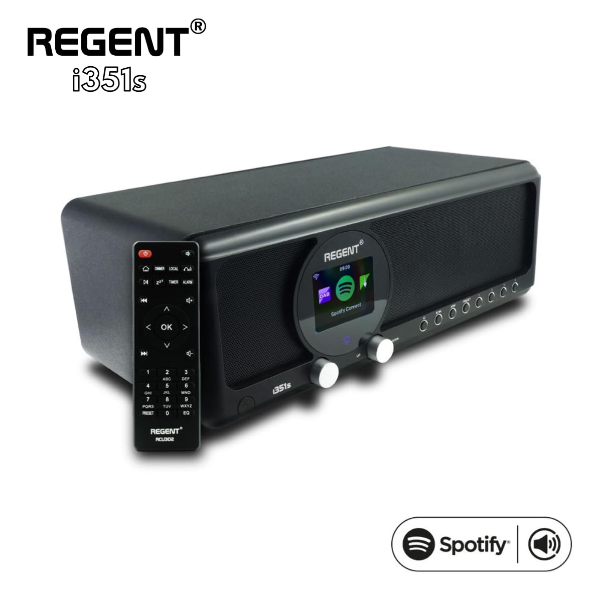 REGENT i351s Głośnik Spotify Connect DAB+ WI-FI Radio internetowe Hi-Fi Bluetooth FM 20, podwójny alarm, aplikacja do zdalnego sterowania, unikalny nadajnik Bluetooth Two Way BT (Czarny)