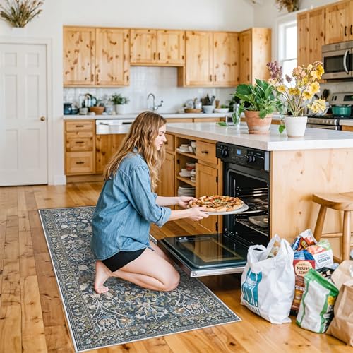 3x6 Washable Entryway Area Rugs: Vintage Easy to Clean Kitchen Rug Runner Soft Non Slip Floor Mat Indoor Farmhouse Carpet for Bathroom Living Room Bedroom Printed Hallway Runners(3x6 Floral/Blue)