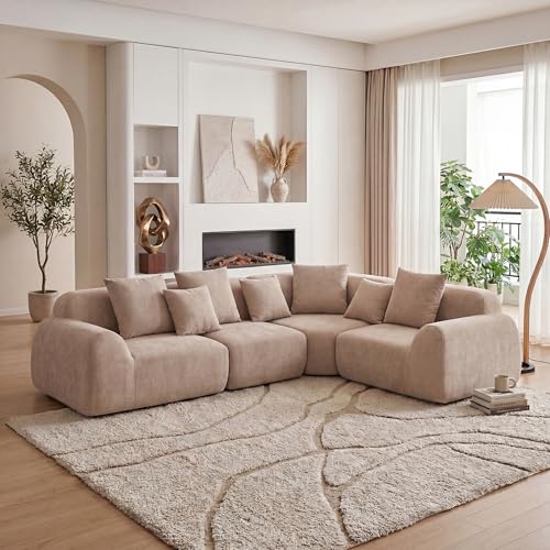 Image of KEIKI 118 inch Oversized Cloud Sectional Couches for Living Room, Velvet Curved Sectional Boneless L-Shape Chaise Sofa with Compression Memory Foam, No Assembly Modular Sofa for Family Space, Beige