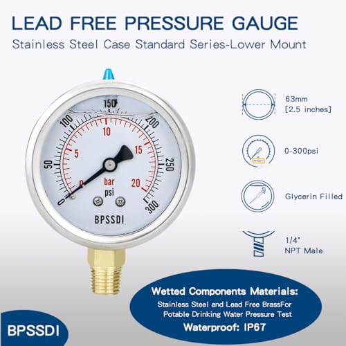 Image of 0-300 Psi Glycerin Liquid Filled Pressure Gauge, 2.5 inch Dial Size, 1 /4 inch NPT Lower Mount, 304 Stainless Steel Case, for Pool Pump Sand Filter Air Compressor, Water Oil Air Pressure Test