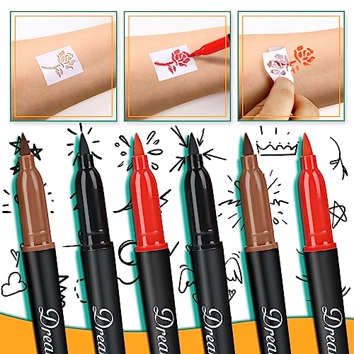 6-Pcs Temporary Tattoo Markers For Skin,Washable Markers-Removable Tattoo Markers Multi-Coloured Skin Safe Tattoo Kit For Teens, Kids, Adults,Tattoo Pens For Body & Face Art With 3 Tattoo Stencil Papers #TOP1
