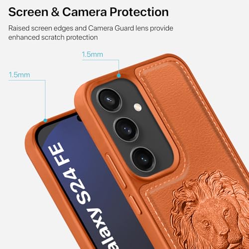 Image of Vaku Luxos Lion Embossed Back Cover Case for Samsung Galaxy S24 FE 5G Premium Leather Stitched Soft Shockproof Protective TPU Phone Case Camera Screen Protector- Brown