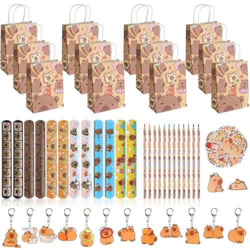 FYSL 98 peças Capybara lembrancinha de festa de aniversário para crianças, Capybara sacos de lembrancinha de festa de aniversário com canetas, chaveiros, pulseiras, adesivos (Marrom escuro, 98)