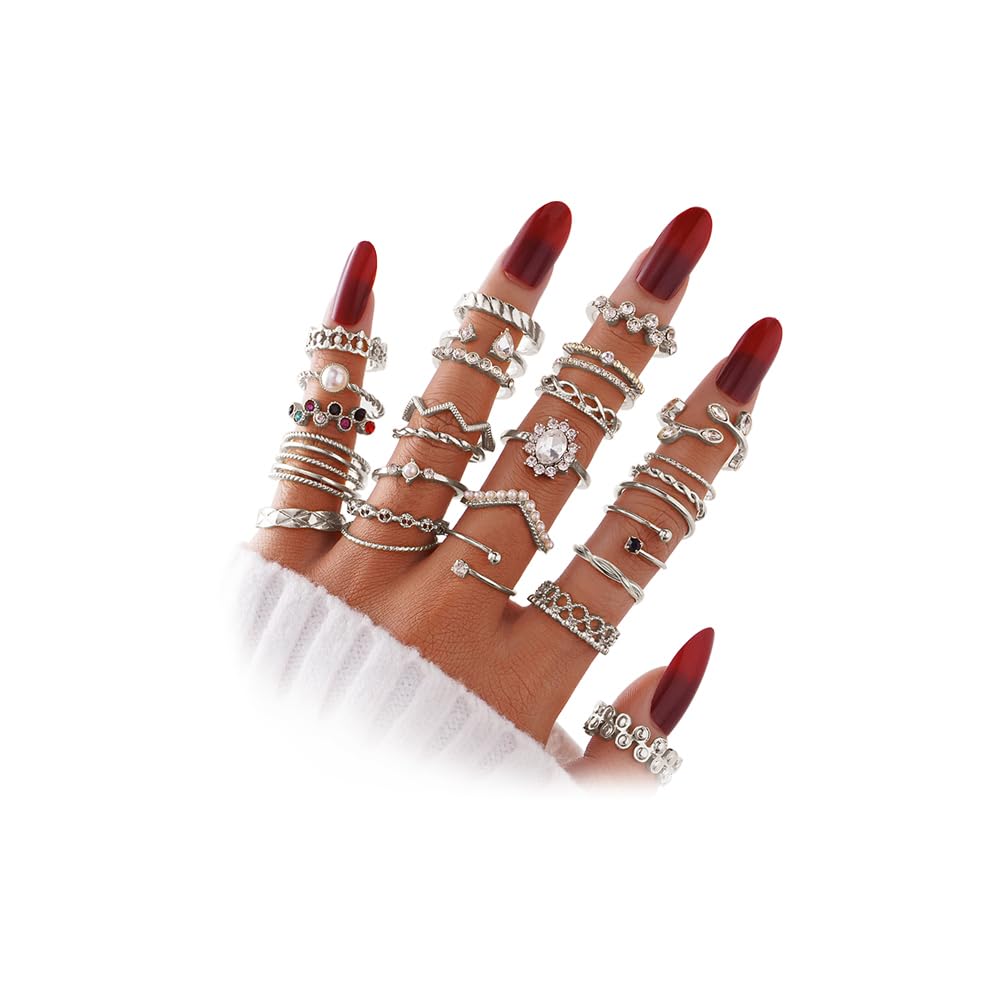 KISS WIFESilver Kunckle Rings Set for Women, Dainty Simple Trendy Cute Stackable Finger Rings Pack, Stacking Layering on Thumb and Knuckle, Mixed Size