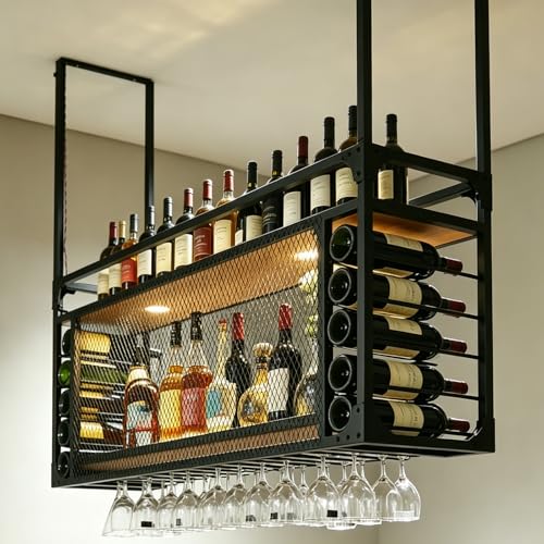 RAJYQODIS 120cm Hängendes Weinregal, 2-Lagiges Schwimmendes Deckenregal aus Metall, Stabil Flaschenhalter Aufbewahrungsregal, Geeignet für Küche, Esszimmer, Bar, Restaurant und Hotel (120cm)