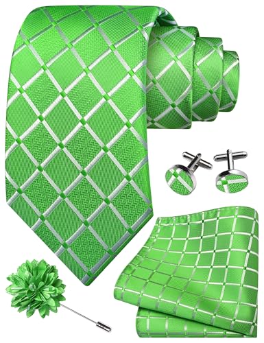 Image of GUSLESON 3.15 inch(8cm) Mens Tie and Lapel Pin Plaid Checkered Necktie Hankerchief Cufflinks Set for Men