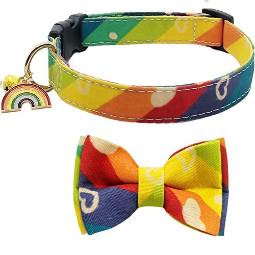 KUDES Dog Bow Tie, Adjustable Dog Collars with Bow Tie and Bells Charm Safety Buckle Cute Pet Collars for Small/Medium/Large Dogs and Cats Boys Girls (Rainbow, M(11\"-18\"))