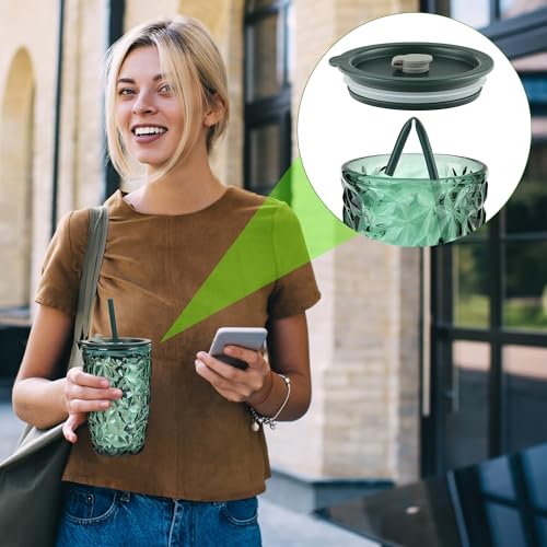 Joeyan 430ml Glass Tumbler with Straw and Lid Set of 2, Green Crystal Ribbed Glass Cup Drinking Glasses for Iced Coffee Smoothie Juice Beverages, Portable Drinking Jar, Dishwasher Safe - Image 5