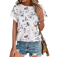 Cuptacc Top Femme Chic Et Élégant Haut Femme Ete Broderie Aux Oeillets Col Rond Manches Courtes BlancFloral L 42-44