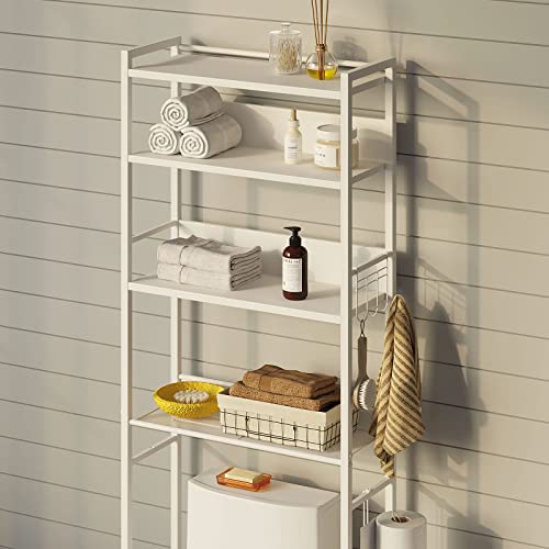 Rolanstar-Over-The-Toilet-Storage-4-Tier-Wooden-Bathroom-Space-Saver-with-Hooks-Freestanding-Bathroom-Organizer-Multifunctional-Over-The-Toilet-Storage-Rack-Bathroom-Toilet-Rack-White