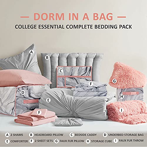 Comfort Spaces 17 Piece Bed in A Bag Comforter Set Include Sheets with 2 Side Pockets - All Season Cozy Bedding and Bedroom Organizer, College Dorm Room Essentials, Full, Madelyn, Grey