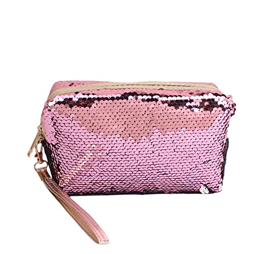 Magic Sequin Travel Cosmetic Bags Reversible Glitter Makeup Organizer Bag Purse for Women(Pink)