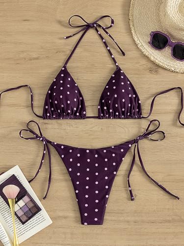 Image of Tainehs Women's Sexy Halter Thong Bikini Tie Two Sides Bottom Triangle Bikini Swimsuits