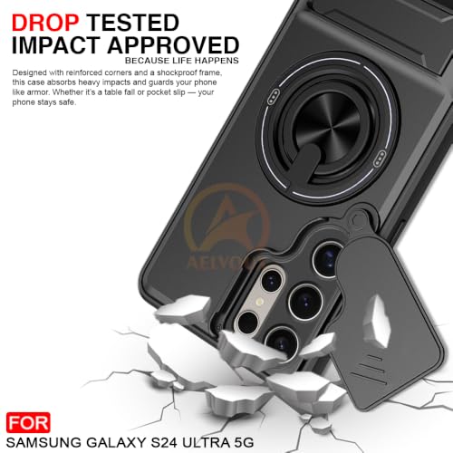 Image of Samsung S24 Ultra 5G Back Cover | Armor Camera Slider 360 Degree Rotating Finger Ring Holder Case with Bracket Stand Back Case Cover (Compatible with MagSafe Accessories) (Black)