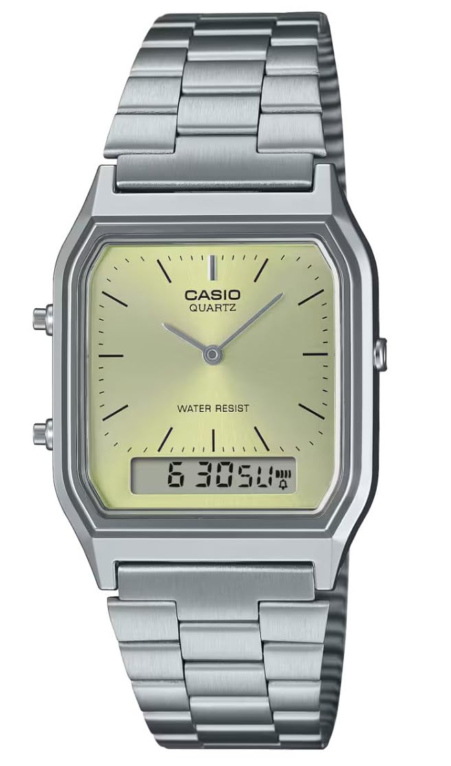 Casio Collection - Orologio Unisex Al Quarzo Classico Cinturino In Acciaio Inox Grigio Cassa In Resina Quadrante Analogico-digitale Verde - AQ-230A-9AMQYES