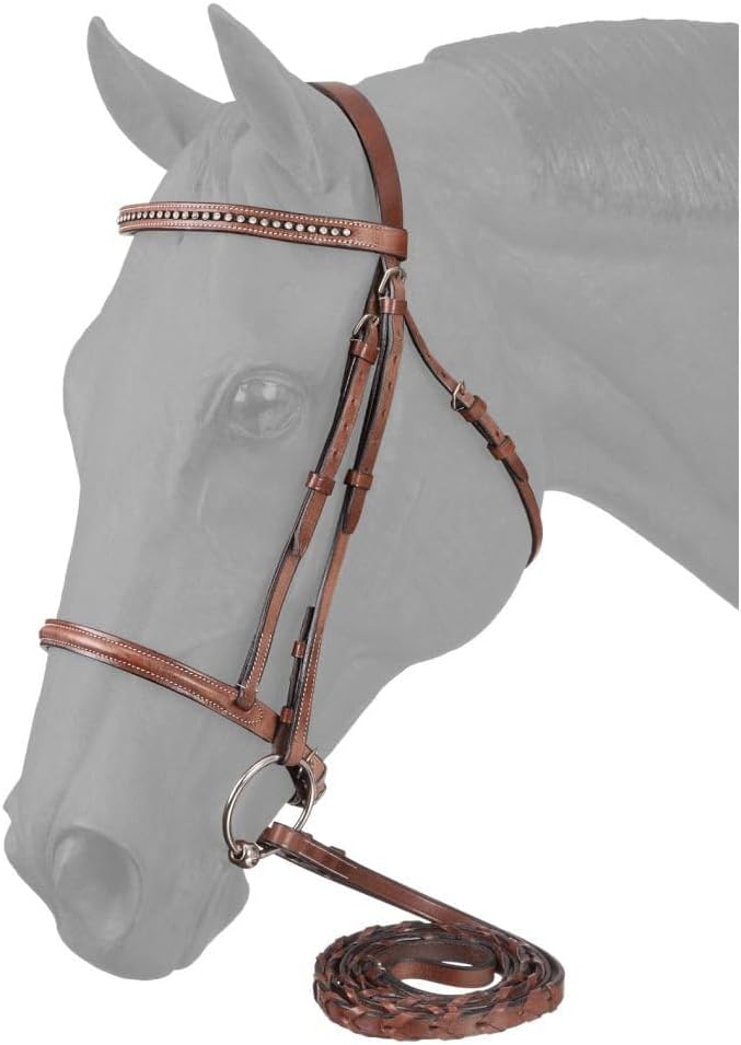 English Bridle Headstall Reins Leather Cowhide Genuine Horse Crossover Crossunder Raised Fancy Stitched Laced All Purpose Jumping Dressage Rubber Crystal Adjustable Browband Size:Full-Cob, M69