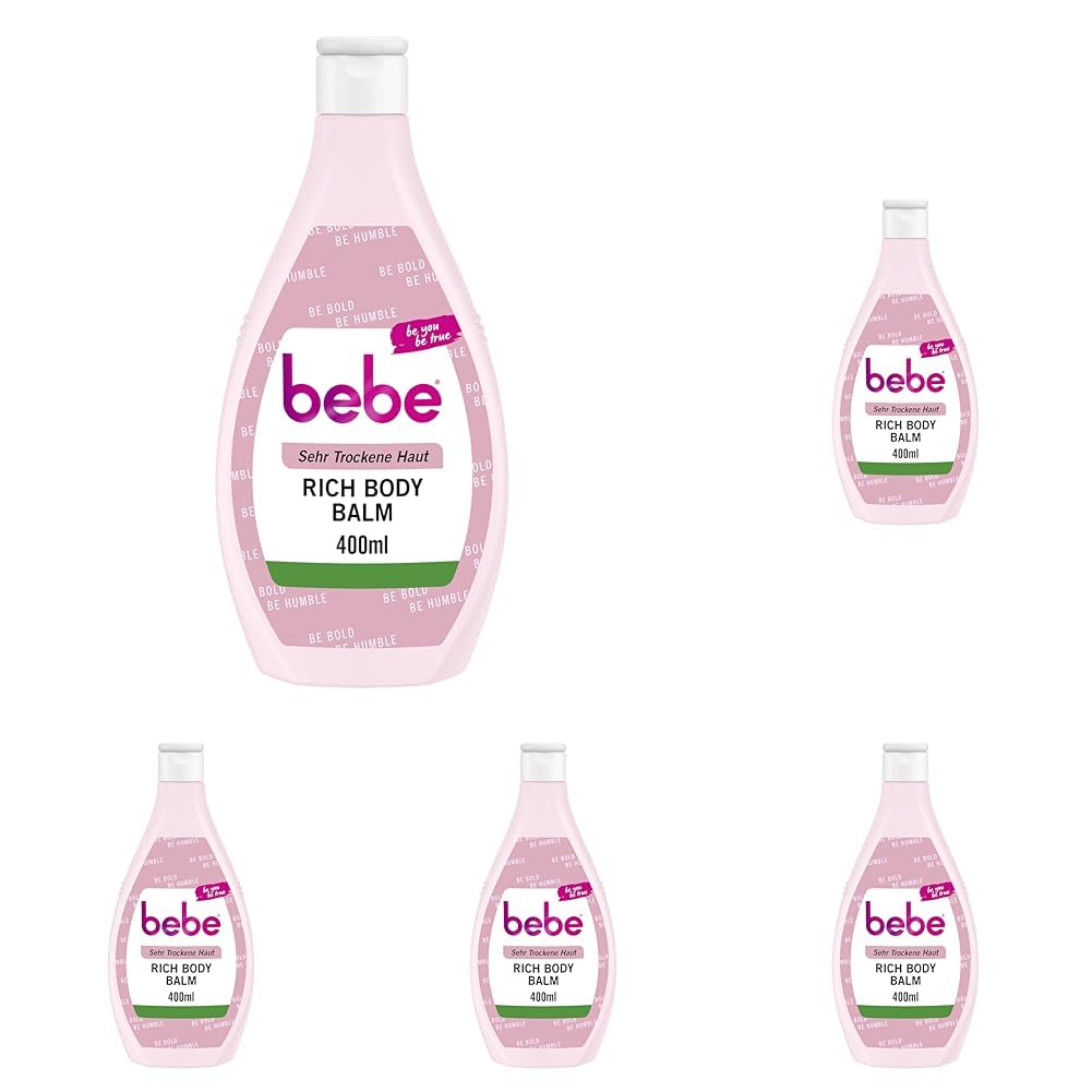 Bebe Rich Body Balm (400 ml), schnell einziehende Bodylotion mit Sheabutter & Bienenwachs für sehr trockene Haut, sanft duftend & Feuchtigkeit spendend (Packung mit 5)